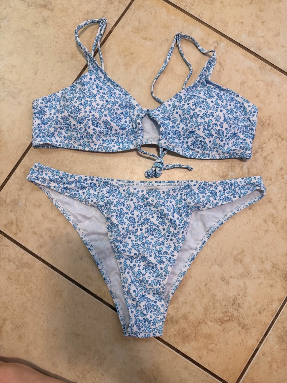 SHEIN White Bikini Set with Blue Floral Print